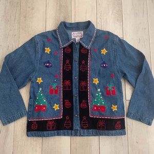 VTG Tantrums Christmas Embroidered Denim Shirt Jacket Size S Bell Buttons